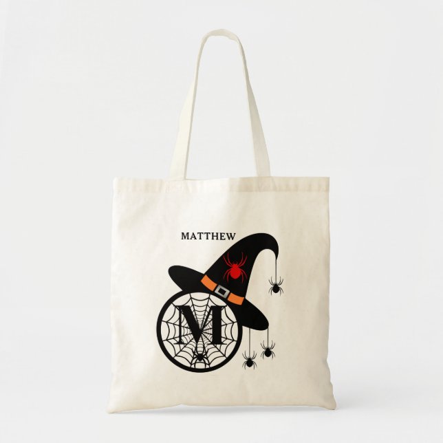 Monogram M Halloween Witch Spiders Your Name Tote Bag (Front)