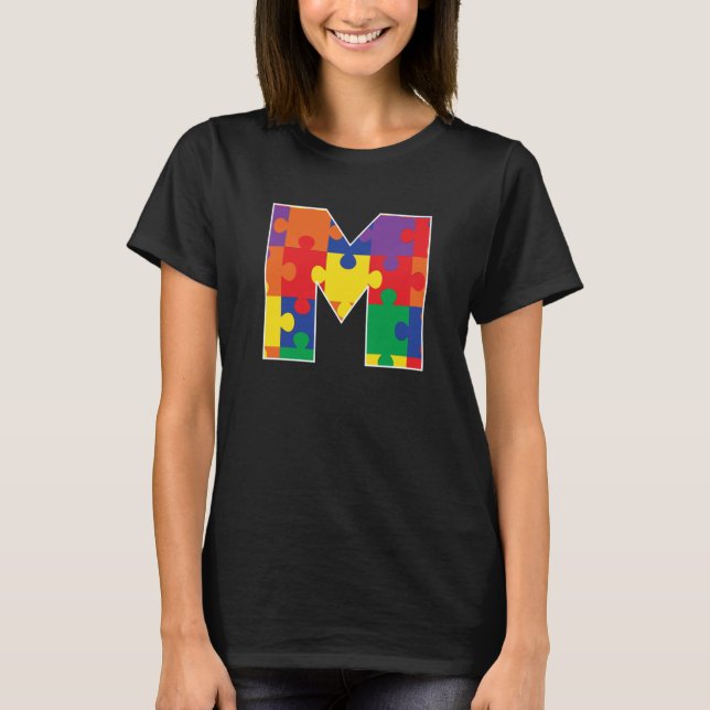 Monogram M in Multi Color Puzzle Pieces T-Shirt (Front)