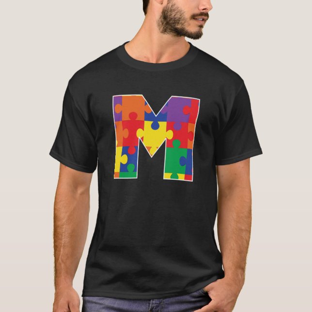 Monogram M in Multi Color Puzzle Pieces T-Shirt (Front)