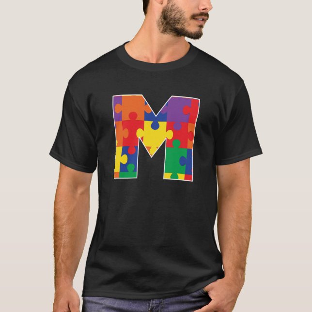 Monogram M in Multi Colour Puzzle Pieces T-Shirt (Front)