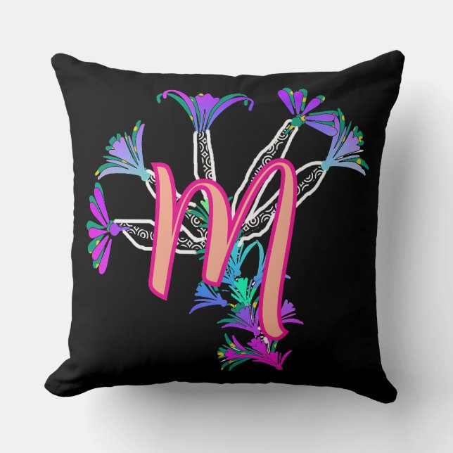 Monogram M Initial Floral Throw Pillow (Front)