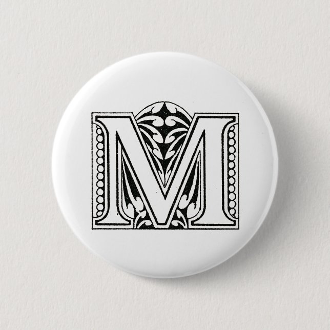 Monogram M, Letter M, Alphabet M, Black and White 2 Inch Round Button (Front)