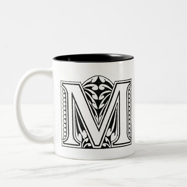 Monogram M, Letter M, Alphabet M, Black and White Two-Tone Coffee Mug (Left)