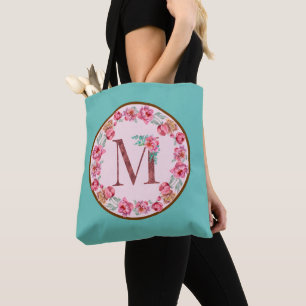 Monogram M Letter with Peony Flower Image Tote Bag
