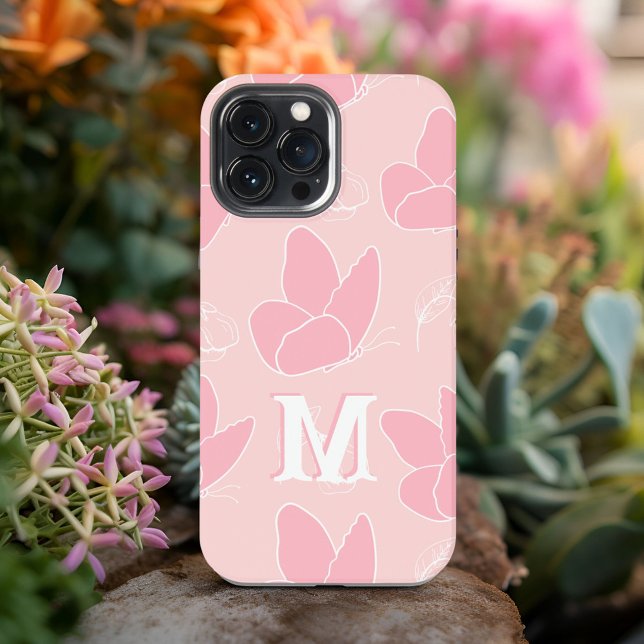 Monogram M Modern Blush & Pink Butterfly Pattern iPhone Case (Creator Uploaded)