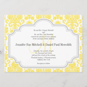 Monogram M Yellow  Damask Wedding Invitations