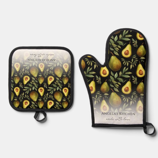 Monogram Made with Love Avocado Pattern Oven Mitt & Pot Holder Set (Front)