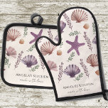 Monogram Made with Love Sea Shells Oven Mitt & Pot Holder Set<br><div class="desc">watercolor beach sea shell design. Personalized Any Name's Kitchen. Fun gift for any cooking enthusiast.</div>