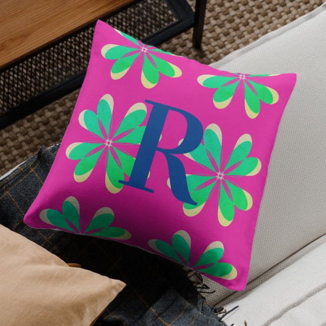 Monogram Magenta Emerald Green Retro Flower Throw Pillow (Creator Uploaded)