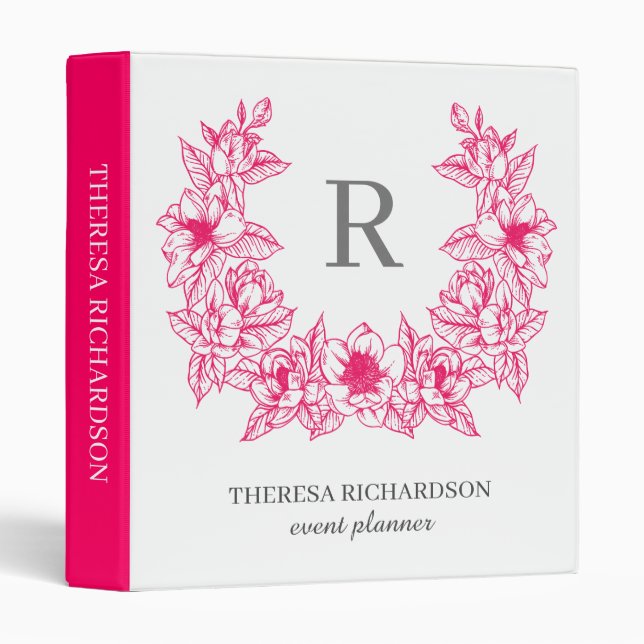 Monogram Magenta Magnolia Flowers Wreath Binder (Front/Spine)