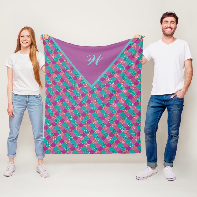 Monogram Magenta Purple Pink Teal Mermaid Scales Fleece Blanket (In Situ)