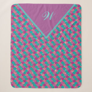 Monogram Magenta Purple Pink Teal Mermaid Scales Sherpa Blanket
