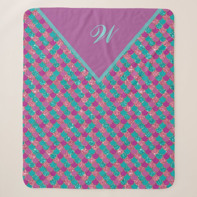 Monogram Magenta Purple Pink Teal Mermaid Scales Sherpa Blanket (Front)