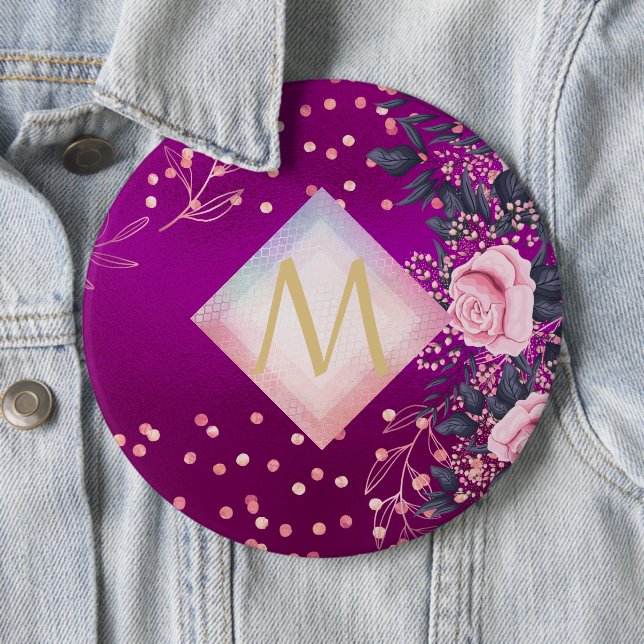 Monogram Magenta Rosegold Pink Metallic Glitter 6 Inch Round Button (In Situ)