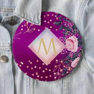 Monogram Magenta Rosegold Pink Metallic Glitter 6 Inch Round Button