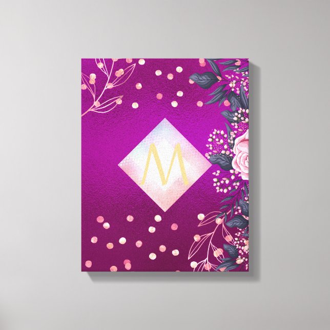 Monogram Magenta Rosegold Pink Metallic Glitter Canvas Print (Front)