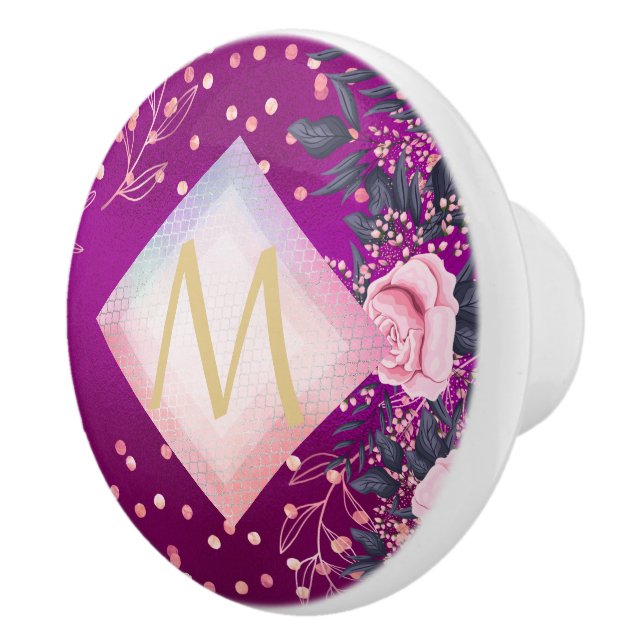 Monogram Magenta Rosegold Pink Metallic Glitter Ceramic Knob (Right)
