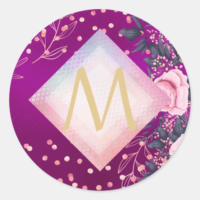 Monogram Magenta Rosegold Pink Metallic Glitter Classic Round Sticker (Front)