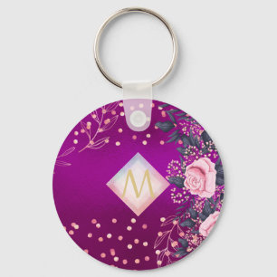 Monogram Magenta Rosegold Pink Metallic Glitter Keychain