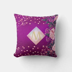 Monogram Magenta Rosegold Pink Metallic Glitter Throw Pillow