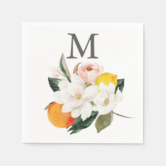 Monogram Magnolia Citrus Wedding Cocktail Napkin (Front)