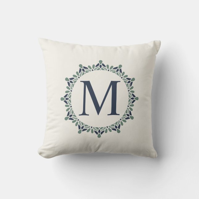 Monogram Mandala Green Navy Throw Pillow (Front)