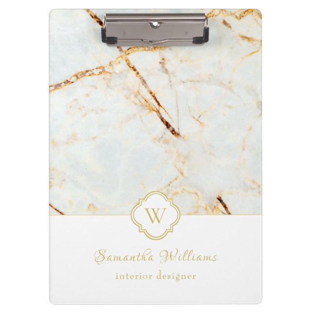 Monogram Marble Elegant White Gold Clipboard (Front)