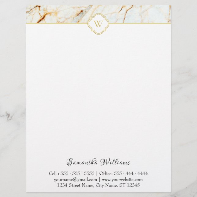 Monogram Marble Elegant White Gold Letterhead (Front)