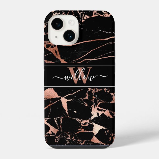 Monogram Marble Pattern Rose Gold Black iPhone Case (Back)