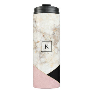 Monogram Marble Rose Gold Black Minimalist Modern Thermal Tumbler