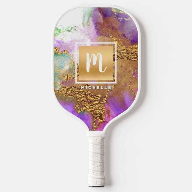 Monogram Marble Watercolor Gold Foil Purple Pink Pickleball Paddle (Front)