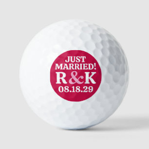 Monogram MARRIED Pink Ampersand Crimson Background Golf Balls