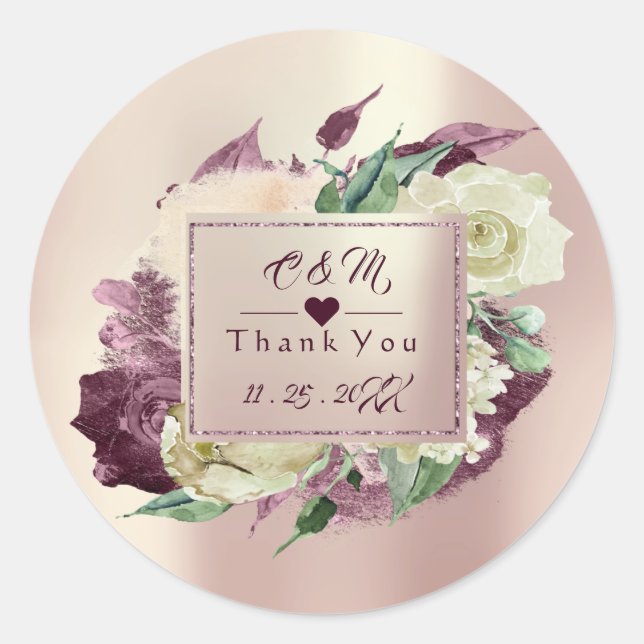 Monogram Marsala Burgund Wedding Favour Floral Ros Classic Round Sticker (Front)