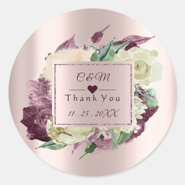 Monogram Marsala Burgund Wedding Favour Frame Rose Classic Round Sticker (Front)