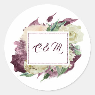Monogram Marsala Burgundy Ivory Mint White Roses Classic Round Sticker