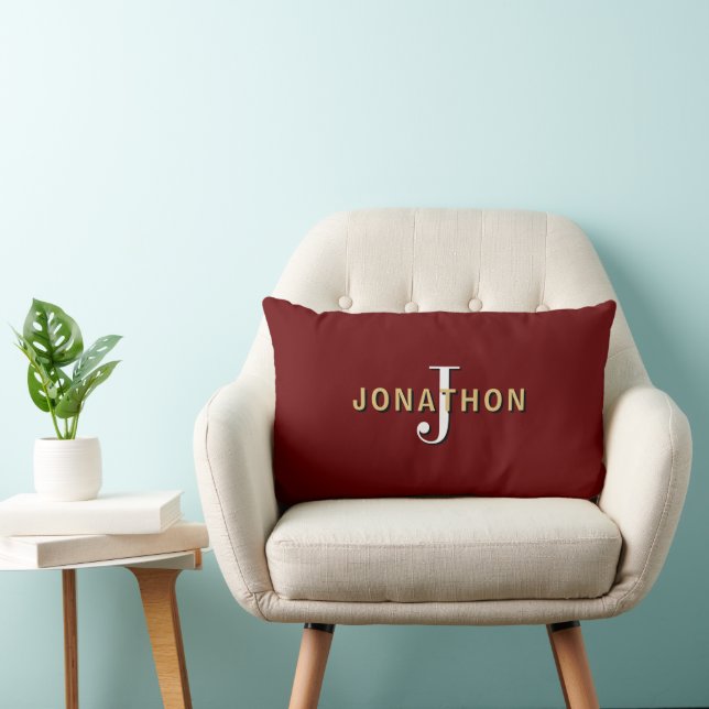 Monogram Masculine Initial Name Gold Burgundy Lumbar Pillow (Chair)
