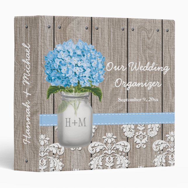 Monogram Mason Jar Blue Hydrangea Wedding Planner Binder (Front/Spine)