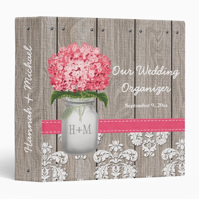 Monogram Mason Jar Bright Pink Hydrangea Organizer Binder (Front/Spine)