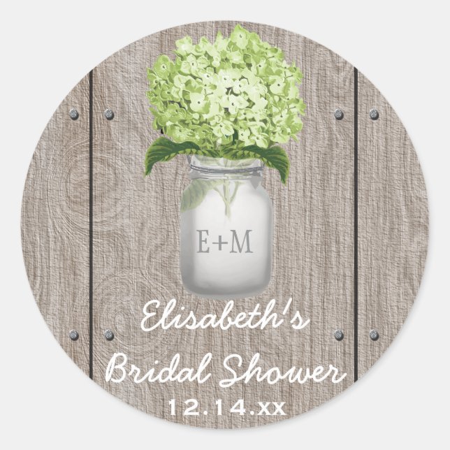 Monogram Mason Jar Green Hydrangea Bridal Shower Classic Round Sticker (Front)