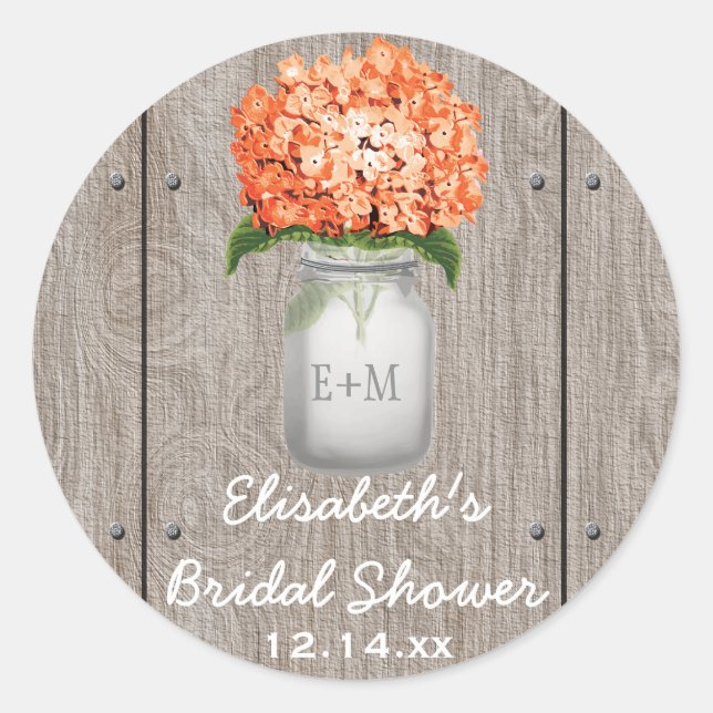 Monogram Mason Jar Orange Hydrangea Bridal Shower Classic Round Sticker (Front)