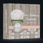 Monogram Mason Jar Peach Hydrangea Wedding Planner Binder<br><div class="desc">Pretty rustic style monogrammed mason jar binder with a white hydrangea flower and a wooden fence and antique damask pattern lace background and stitched peach and light coral ribbon. This wedding organizer can be personalized with the initials and monogram of the bride and groom on the mason jar and customized...</div>