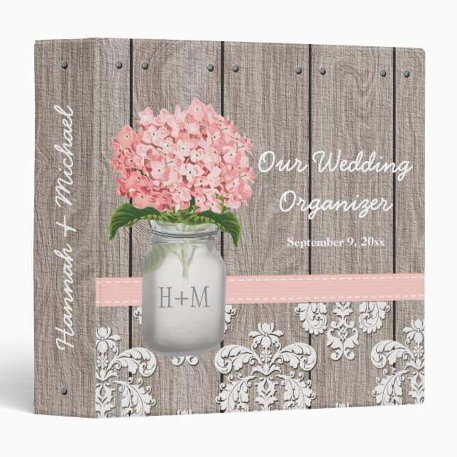 Monogram Mason Jar Pink Hydrangea Wedding Planner Binder (Front/Spine)