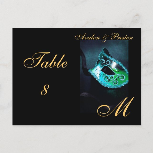 Monogram Masquerade Mask Teal Table Placecard Postcard (Front)