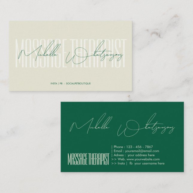 Monogram MASSAGE THERAPIST modern script Business Card (Front/Back)