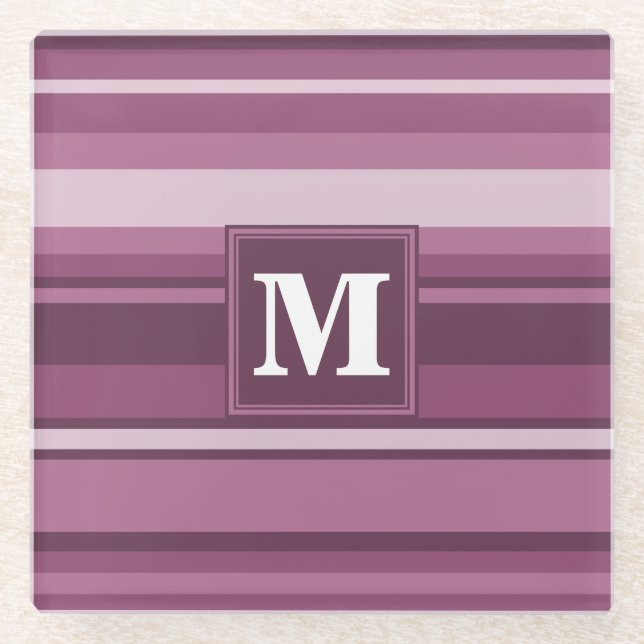 Monogram mauve stripes glass coaster (Front)