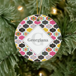 Monogram Maximalist Rainbow Dot Mandalas Patchwork Ceramic Ornament