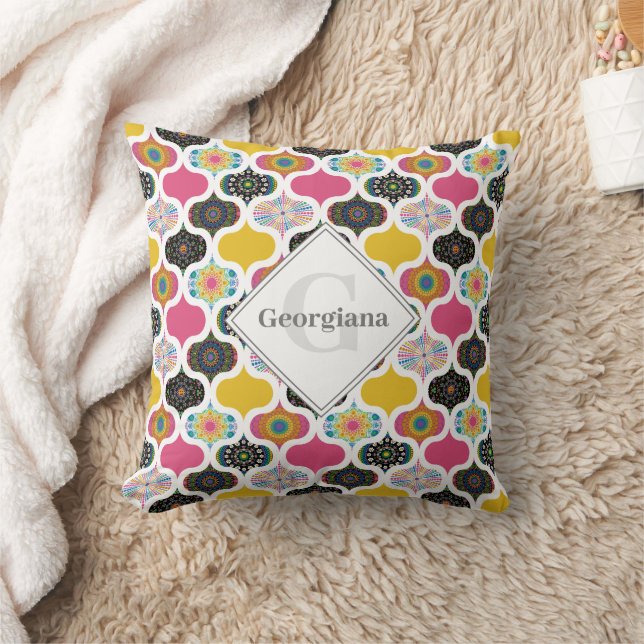 Monogram Maximalist Rainbow Dot Mandalas Patchwork Throw Pillow (Blanket)