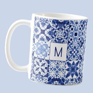 Monogram Mediterranean Blue White Tile Watercolor Coffee Mug