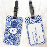 Monogram Mediterranean Blue White Tile Watercolor Luggage Tag<br><div class="desc">Pretty indigo blue and white personalized monogram initial Mediterranean tile pattern in watercolor.  Original art by Nic Squirrell. Change the monogram initial on the front and the details on the reverse to customize.</div>