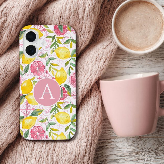 Monogram Mediterranean Style Lemon Pattern iPhone 16 Case (Creator Uploaded)